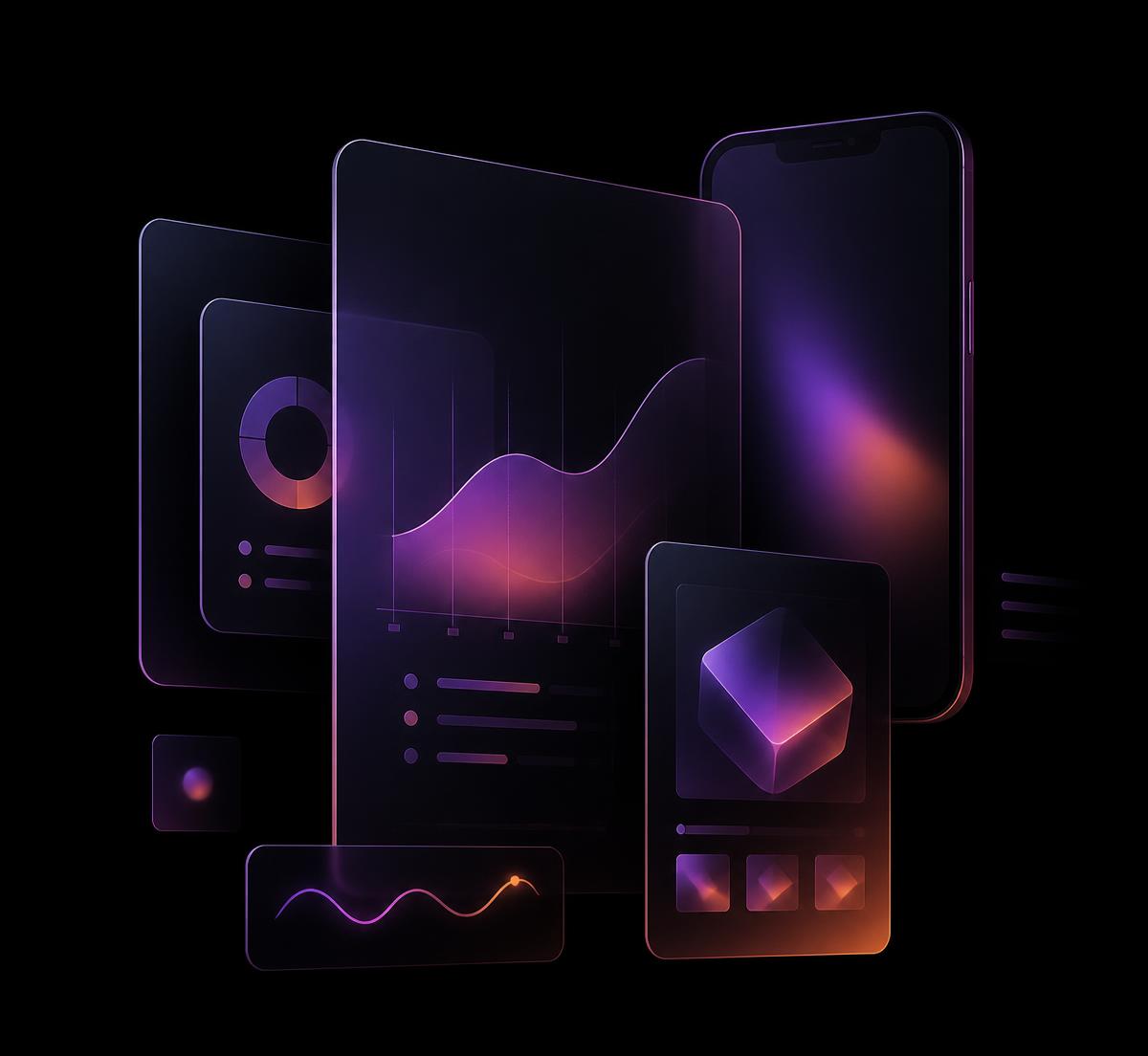 Layered interface cards showing audience insight, product design, and launch analytics